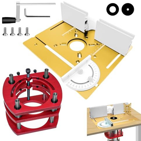 Frästisch für Oberfräse Einlegeplatte Set, OberfräSentisch und Tischfräsmaschine, Router Table, Planfräsvorrichtung, Maximum Lift 51mm, TischfräSe zum Nuten Zapfenschneiden BesäUmen(Gold+Rot)