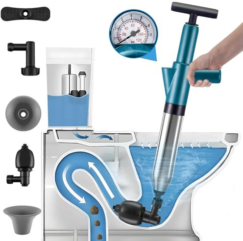 Toilet Plunger, High Pressure Toilet Unblocker, Heavy Duty Drain Plunger Kit with 4 Replaceable Heads, Sink Unblocker Tool for Unblocking Toilet Kitchen Shower Bathtub Floor Pipe Clog, Sewer Dredger
