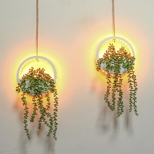 2PCS Artificial Hanging Succulent Plants with LED String Light, Fake Hanging Plant with Pot Faux Plant Fake Hanging Plants for Bathroom Wall Decor Home Decor Indoor Outdoor Wall Decor (White)