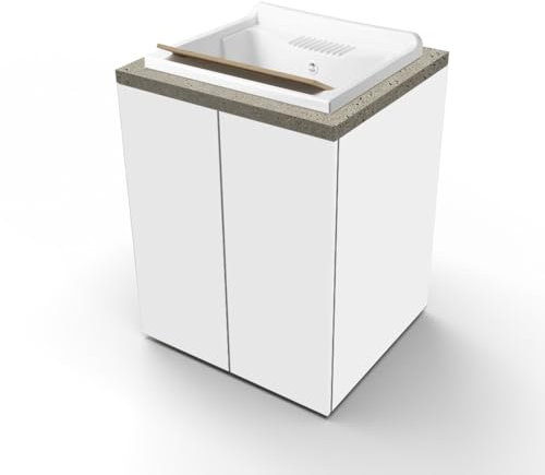 Liberoshopping Mobile Lavatoio in Legno 2 Ante con Vasca in Resina Bianco, Ripiano Interno, Apertura Push Pull, 71x65 cm, per Lavanderia e Spazi Piccoli (Bianco Lucido/Pietra)