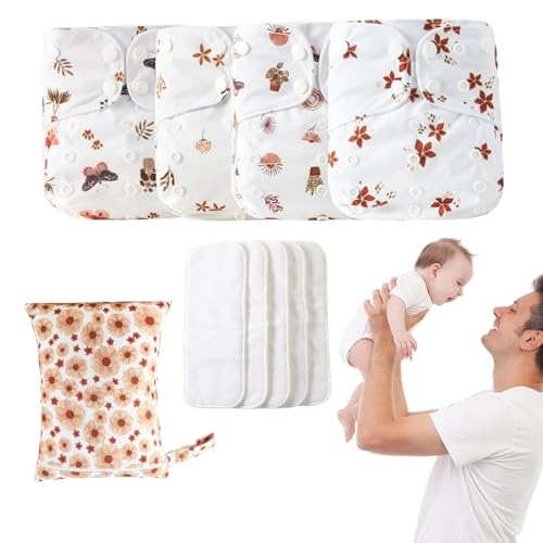 Återanvändbara blöjor, tvättbara babyblöjor, tvättbara justerbara babyblöjor - absorberande och andningsbara foder, 4 inlägg och 1 våt påse, förhindrar färgning