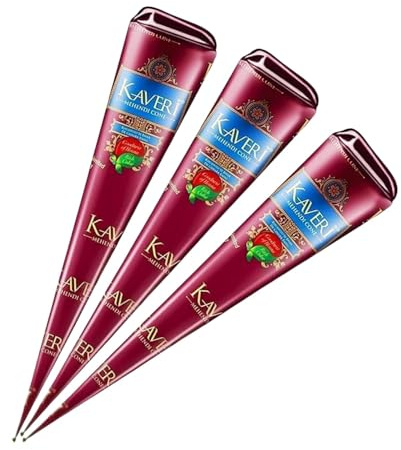 Cône naturel Kaveri 3 x 25 g - Sans PPD ni produits chimiques, longue durée | Testé dermatologiquement pour des décorations créatives Facile à appliquer avec Kajal