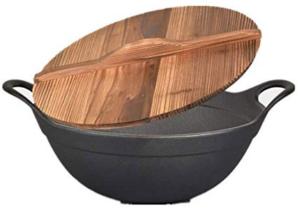 VGVSBG Cookware Frying Pan, Old-Fashioned Thick Large Cookware, Uncoated, Inhibited Soot, with Wooden Lid,Suitable for Home Kitchens, Restaurants, Etc