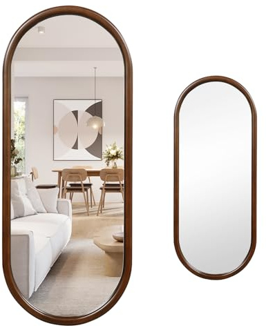 LIFEZEAL Ovaler Ganzkörperspiegel Holz, 110 x 45 cm Wandspiegel mit Walnussrahmen, Spiegel Retro-Stil, Dekorativer Ankleidespiegel für Schlafzimmer Garderobe, Ankleidezimmer