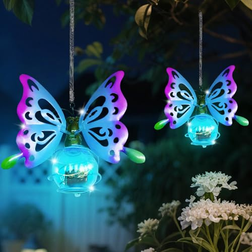 Schmetterling Solar Deko Lichterkette Aussen Hängend, LED Schmetterling Solarlampen für Außen Hängend, Gartendeko für Draußen Wetterfest Tiere Solarleuchten für Terrasse, Balkon (2 Schmetterlinge)