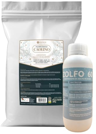 Ossian Caolino Micronizzato per Piante 10 KG + Zolfo 60 1 L – Kit Difesa Biologica Mosca Olivo, Insetti e Parassiti – Barriera Naturale, Agricoltura Bio