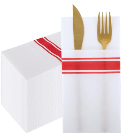 PHUNAT 50-Pack Premium Linen Feel Pocket Napkins - 40x40 cm (15.7x15.7) Pre-Folded Dinner Napkins - White & Red - for Wedding, Christmas, Party Table Decorations