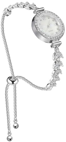 Hemobllo Silver Watches for Women, Adjustable Pull Cord Bracelet Watch with Rhinestones, Elegant Ladies Watch Quartz Movement, Mermaid Theme Dress Watches for Casual Formal Occasion