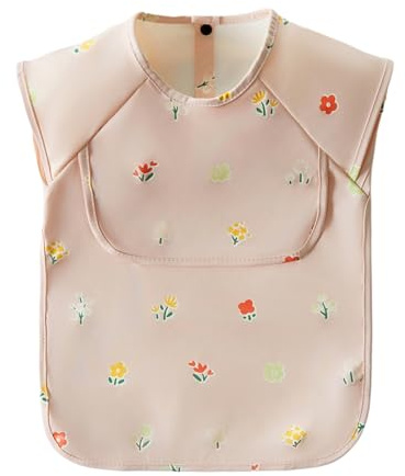 Babero Bebe de Destete con Mangas Corta, Babero de Alimentación para Baby Led Weaning, Delantal de Pintura, Impermeable y Fácil de Limpiar,Lavable a Máquina,Unisex para Niños de 12 a 36 Meses (Rosa)