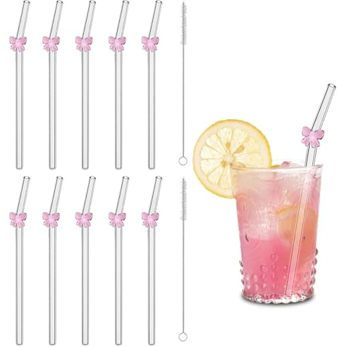 ​​12 Pièces Paille en Verre, Paille Bubble Tea, Comprend 2 Pailles Brosses avec des Breloques en Forme de Nœud Rose, Adaptées aux Granités, Thés Glacés, Cafés et Milkshakes, 20 cm.​