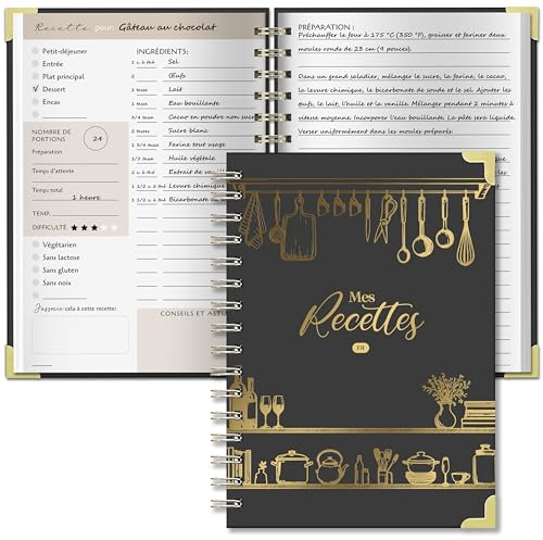 BIROYAL Carnet de Recettes à Remplir A5, Papier Épais 120g, gris foncé | Avec Table des Matières & Tableau de Conversion, 100 Recettes Vierge, 2 Pages par Recette, Pour Passionnés de Cuisine