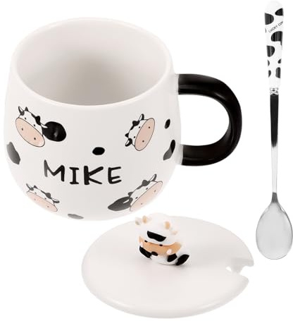 ANDRESLAD Taza de Cerámica Grande con Tapa y Cuchara Diseño Vaca Dibujos Animados, Taza de Leche y Café para Hogar y Oficina, Resistente al Calor y Apta para Agua y Jugos