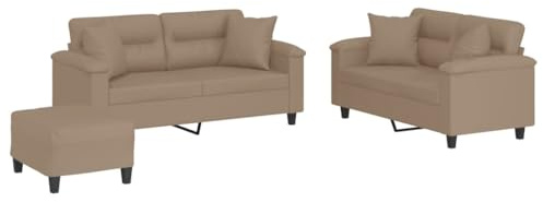 mtlskopl Ensemble de canapé 3 pièces avec coussin en cuir synthétique marron cappuccino | Ensemble de canapé confortable pour le salon avec deux canapés doubles, tabourets rembourrés et quatre coussins décoratifs.