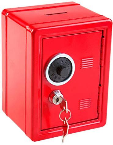 Idena 50035 - Cassaforte per risparmi, 120 x 100 x 160 mm, rossa, con chiave e serratura a combinazione meccanica
