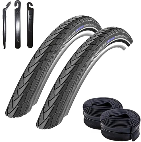 2 x Schwalbe Marathon Plus Fahrradreifen Fahrradmantel in Schwarz mit Reflex 47-559 (26 x 1.75) + 2 Schwalbe Schläuche SV13 inkl. 3 Reifenheber