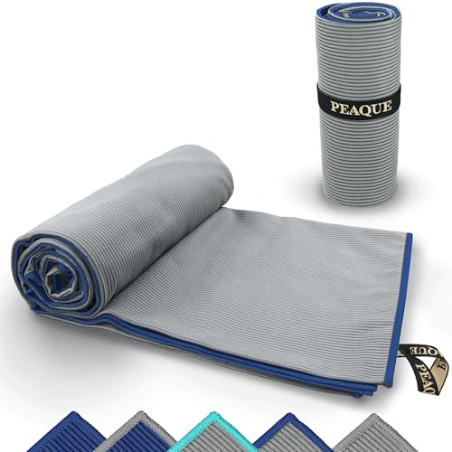 PEAQUE Mikrofaser Handtuch mit Struktur - Grau/Navy, 200x100 cm | Schnelltrocknend, Saugstark, Leicht - Reisehandtuch, Sporthandtuch, Badehandtuch, Duschhandtuch, Saunahandtuch, Fitness