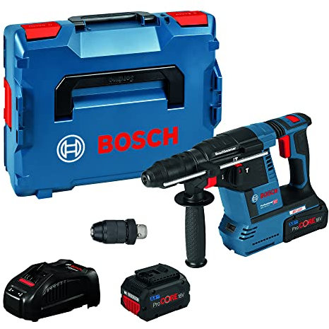 Bosch Professional 18V System Akku Bohrhammer GBH 18V-26 F (inkl. 2x 5.5Ah ProCORE18V, GAL 1880 CV, GDE 18V-16, Zusatzhandgriff, Tiefenanschlag, SDS plus Schnellwechselbohrfutter, L-BOXX)