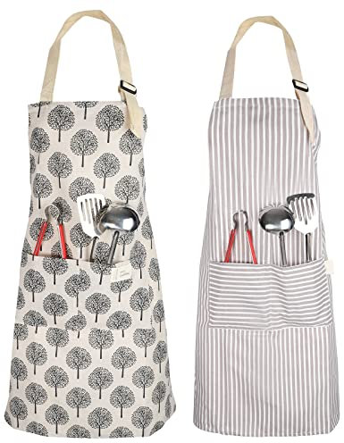 2 Stück Schürze Damen, Kochschürze Damen Weihnachtsgeschenke Kittelschürze Baumwolle küchenschürze mit Verstellbarem Nackenriemen für Kochen,Backen,Hausarbeit