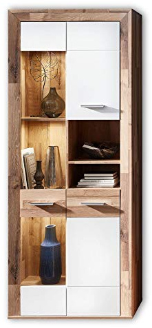 Stella Trading Texas Vitrine in Yaki Oak Optik, Weiß matt - Moderne Glasvitrine inkl. LED-Beleuchtung - 81 x 202 x 38 cm (B/H/T)