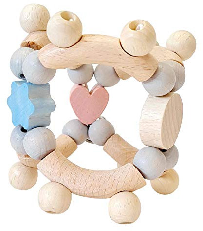 Hess Holzspielzeug 11095 - Motorikrassel aus Holz, kugelförmig, Serie Herzchen, mit beweglichen Teilen, für Babys ab 6 Monaten, handgefertigt, nature rosa/blau