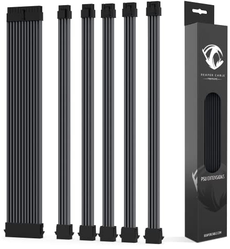 Reaper Cable Premiums - Sleeved PSU Extension Set - Aluminium Cable Combs - Power Supply Extensions - 1x 24 Pin/ 2x 4+4 Pin / 3x 6+2 Pin - 30cm (Carbon)