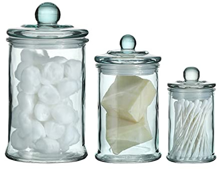 Motifeur Glass Apothecary Jar | Bathroom Storage Organizer Canister (Set of 3, Blue)