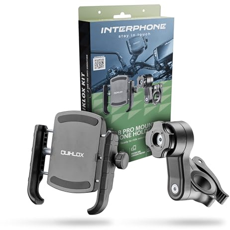 Interphone Kit de Abrazadera de teléfono Crab + Porta móvil QUICKLOX con Enganche Manillar Redondo, Soporte teléfono Moto Universal de 3,5 y 7,5, Soporte móvil Moto Que se Fija y Quita rápidamente