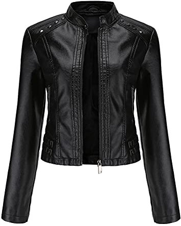 YYNUDA Veste Cuir Courte Moto Blouson à Rivet pour Femme Bomber Col Montant Jacket Similicuir Aviateur Printemps/Automne,Noir XXL