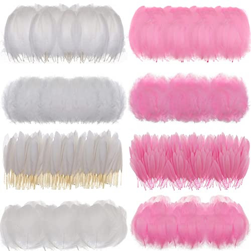 MWOOT 400 Stück Rosa Weiß Federn zum Basteln, 7-15CM Natur Bastelfedern Deko für Traumfänger Basteln, 4 Arten Federn für Hochzeit Deko Halloween Masken Faschingskostüme Zubehör DIY, Crafts Feather