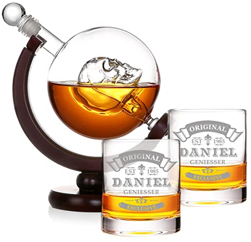 polar-effekt Skull Dekanter Geschenkset mit Wunschgravur - Motiv: Original Exklusive - 2X personalisierte Whiskey Tumbler - von Hand gefertigt - Holzständer - Geburtstagsgeschenk - Deko, Bar