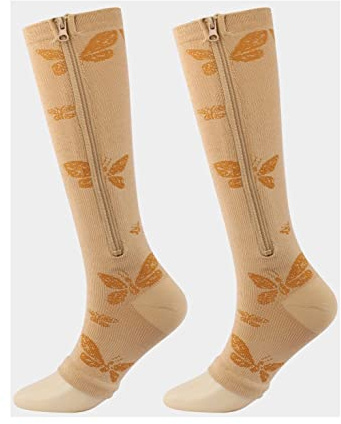 Medizinische Kompressionsstrümpfe mit Reißverschluss, hohe Elastizität, Nylon, geschlossener Zehenbereich, Druckstrumpf für Ödeme, Krampfadern (2 Paar) (S/M, Schmetterling)