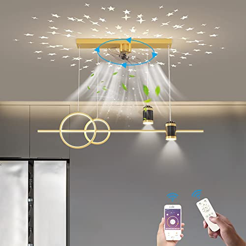 KZT 100cm Deckenventilator Mit Beleuchtung und Fernbedienung LED Leise Ventilator Deckenlampe mit Spotlight Esszimmer Lampe Dimmbar Pendelleuchte 360 ° drehbarer Fan Kronleuchter für Wohnzimmer Küche