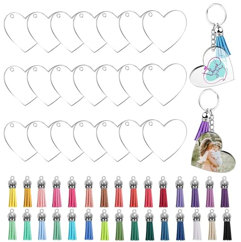 ANBOWEI Acryl Schlüsselanhänger Herz Rohlinge Set, mit Acrylscheibe Herz mit Loch, Schlüsselring mit Kette und Bunte Quasten für DIY Keychain Geschenke, 140 Stück