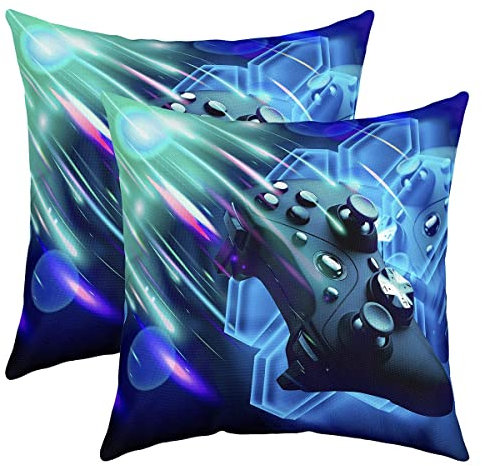 Gamepad 2er Set Pillow Covers 50x50cm Boys Video Game Sofa Cushion Couch Cushion Car Chair Garden Galaxy Gaming Controller Cushion Gamer Blue Hexagon Geometric Pillow Cover