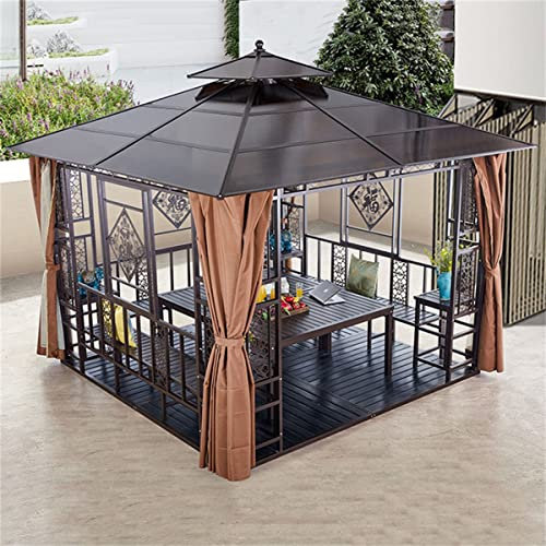 HJDSUDU 10' x 10' Outdoor-Pavillon mit Vordach, Hardtop-Pavillon, Polycarbonat-Doppeldach-Terrassenpavillon, Stahlrahmen-Aluminium-Pavillonpavillon mit Rahmen mit Anti-Rost-Beschichtung
