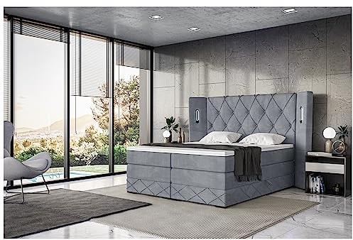 MEBLINI King Boxspringbett mit Bettkasten - Gepolstert Doppelbett mit Matratze und Topper - Polsterbett mit Stauraum - Bett mit LED Kopfteil - Stauraumbett - Manuel - 180x200 - H3/Grau Samt