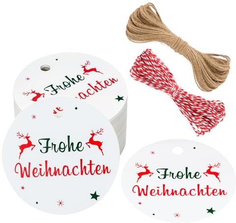 G2PLUS Frohe Weihnachten Geschenkanhänger Weiß, Anhänger Frohe Weihnachten Papier, 5.5cm Weihnachten Rund Anhänger, 100 Stück Etiketten für Weihnachten Adventskalende Deko