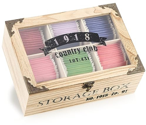 com-four® Caja de Almacenamiento de bolsitas de té rústicas - Caja de té con 6 Compartimentos, Ventana de visualización y Cierre - Caja de té en Estilo rústico (rústico - 1918-6 Compartimentos)