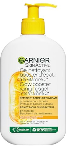 GARNIER Skin Active - Gel Nettoyant Booster D'Éclat - pH Neutre - Démaquille En Douceur, Hydrate & Illumine - Enrichi En Vitamine C & Glycérine - Vegan & Cruelty Free - Tous Types de Peaux - 250 ml