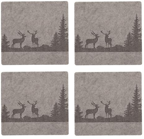 MC-Trend Filz Untersetzer „Waldlandschaft mit Hirschen 10 cm aus 5 mm Starkem Filz für Getränke Gläser Tassen, 100% Polyester, Creme, Eckig, 4 Stück