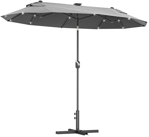 Outsunny Sombrilla Doble con Luces LED Solares Techo 295x150x219 cm Gris | Sombrilla de Jardín, Inclinación Ajustable, Manivela Manual, para Patio Piscina Playa