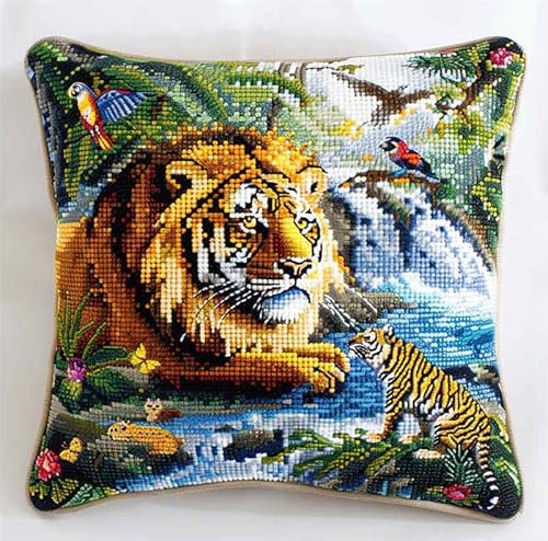 kitphoenix Latch Hook Kissen Kit, Tier Knüpfkissen Set Für Anfänger Erwachsene Oder Kinder Zum Selber Knüpfen,Tier Elefant Tiger Löwediy Knüpfteppich Knüpfpackung, Knüpfhaken Set 43 X 43 Cm