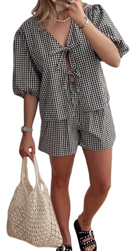 Geagodelia Dam 2-delad outfit sommar dam Co Ord set peplum knytblus babydoll topp + shorts Y2k estetiska kläder loungewear träning, M