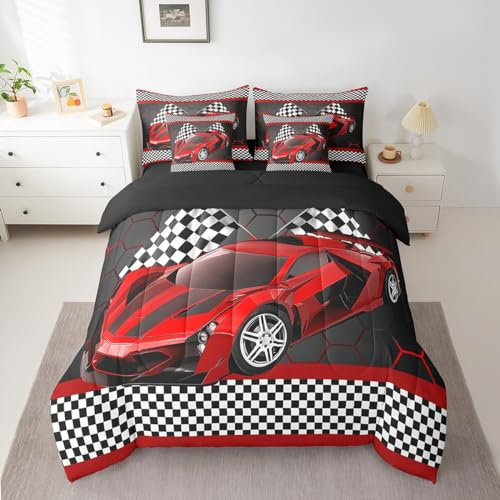 Feelyou Bettwäsche-Set mit Rennwagen-Doppelbett für Kinder, Jungen, schwarz-weiß, karierte Flagge, bedruckt, Bett in einer Tasche, Extremsport-Bettwäsche-Set, 5-teilig, Schlafzimmer-Dekoration,