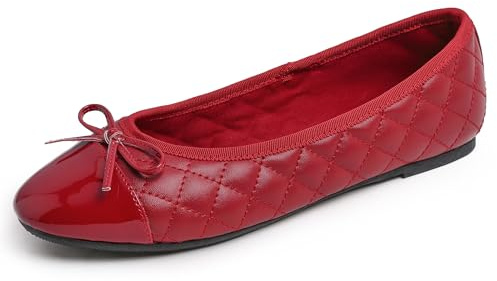 Feversole Damen Klasssische Ballerinas Lack Balerinaschuhe Flach Damenschuhe Rot Zehenkappe EU 39
