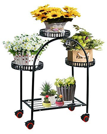 SZITW 3 Tier Metal Planter Stand with Wheels, Decorative Flower Pot Holder Display Rack, Rolling Planter Shelf, for Indoor and Outdoor Patio Garden/Black