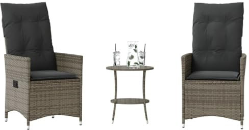 Homgoday Bistro-Set 3-teilig mit grauen Kissen aus Polyrattan, Gartenmöbel, Tisch und Stühle für den Außenbereich, Gartenmöbel-Set, Gartenmöbel-Set, Modell 365654