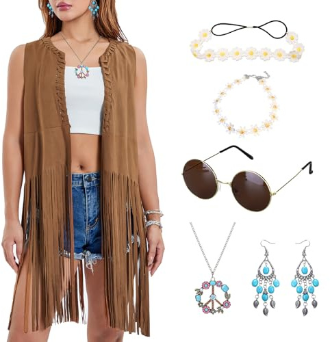 Costume hippie pour femme avec franges brunes, sans manches, long gilet, accessoires hippie des années 60 et 70, gilet à franges, lunettes de soleil, bandeau, costume de carnaval pour la discothèque,