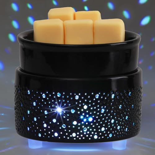 Geronland Wax Melt Warmer 3-in-1, Ceramic Candle Warmer & Oil Burner with Starry Sky Holes & Auto-Fading 7-Color Light, Fragrance Warmer for Scented Wax, for Mom Wife Sister (Black)
