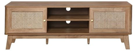 Calicosy - Meuble TV 2 Portes 2 Niches - Cannage Rotin - Décor Bois Clair - Panneaux De Particules - 4 Espaces De Rangement - Salon Ou Chambre - Style Exotique Et Naturel - L 149 x P 39 x H 49 cm